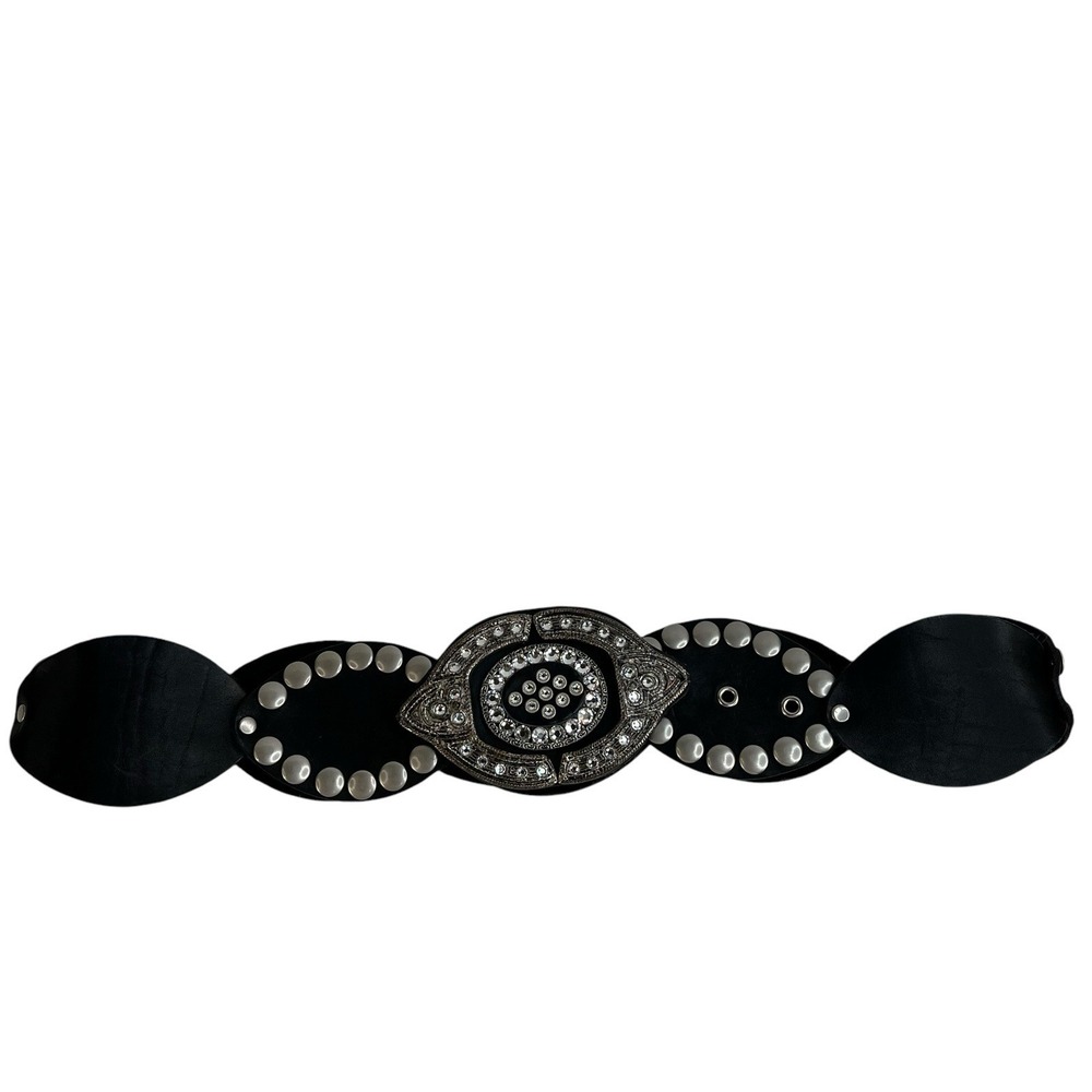 Leather Studded Belt Large 38 Bling Buckle Conch Style Black Silver Southwestern - Picture 3 of 16